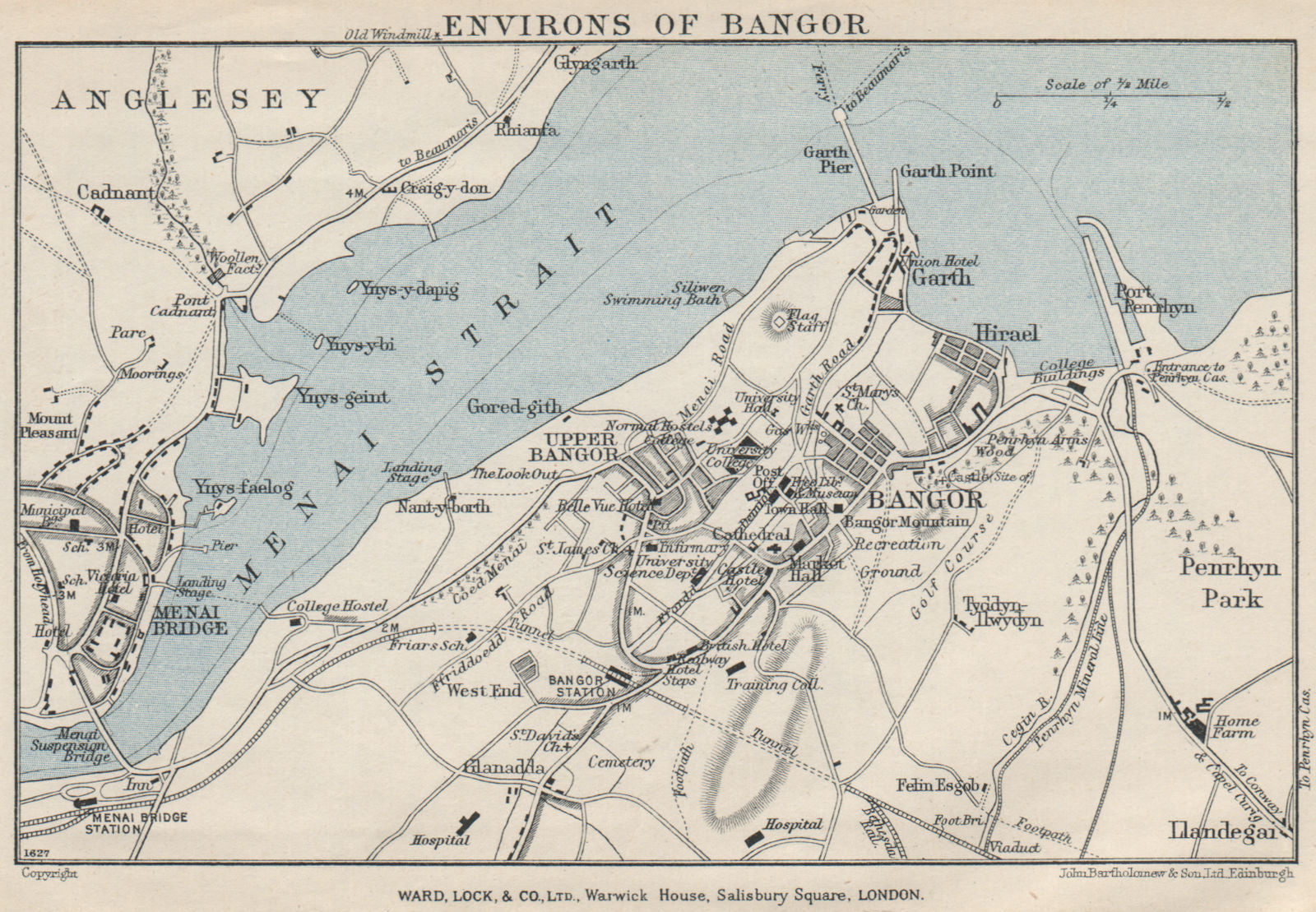 BANGOR vintage town/city plan. Menai Bridge. Wales. WARD LOCK 1930 old map